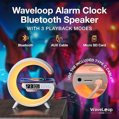 Waveloop Speaker Alarm Clocks for Bedrooms with Wireless Charging and G Bluetooth Speaker, Sunrise Wake Up Light RGB Night Lamp, 4-Button Bedside Alarm Clock for Bedroom Time Display, USB-C