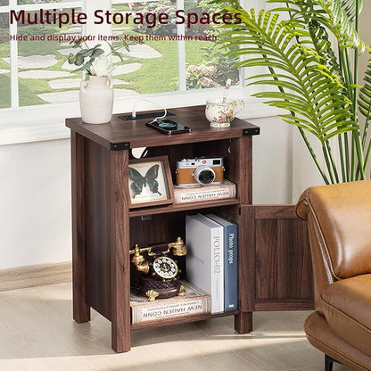 Joaxswe Night Stand Set of 2, 18 Inch Farmhouse Nightstand with with Charging Station and USB Port, Rustic Wood Bedside Table with Magnetic Door, Bed Side Tables for Bedroom, Brown Walnut