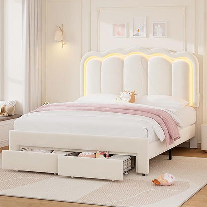 Velvet Upholstered Queen LED Bed Frame with 2 Storage Drawers and Adjustable Chic Double Wavy Headboard, Princess Platform Bed with Charing Station, Solid Wood Slats Support,No Box Spring Needed,Beige