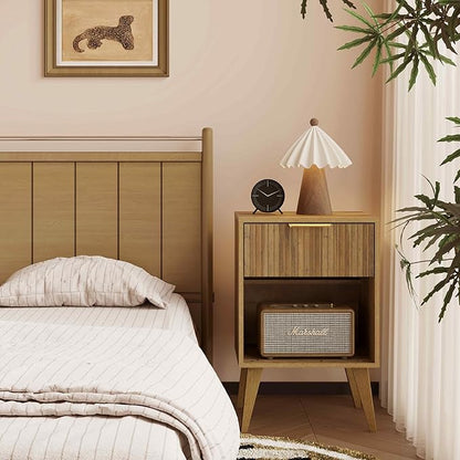 Fluted Night Stand with Opening Storage,Mid Century Bedside Table with Drawer,Wood Nightstand with Legs,End Table Side Table for Living Room,Bedroom,Caramel Oak 11.8"Dx15.7Wx 25.2"H CTG56BR