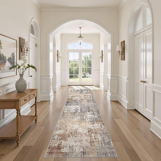Washable Runner Rug for Hallway: 2.6x10 Neutral Modern Abstract Low Pile Area Rug with Non-Slip Backing - Carpet for Bedroom Kitchen Laundry Entryway Bathroom Indoor - Grey Brown
