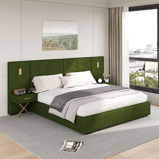 DEINPPA Luxury King Bed Frame with Built-in Gold LED Lights and Nightstands, King Size Platform Bed with Oversize Upholstered Headboard, No Box Spring Needed-Green