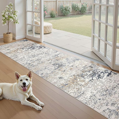 Washable Runner Rug for Hallway: 2.6x10 Neutral Modern Abstract Low Pile Area Rug with Non-Slip Backing - Carpet for Bedroom Kitchen Laundry Entryway Bathroom Indoor - Beige Blue