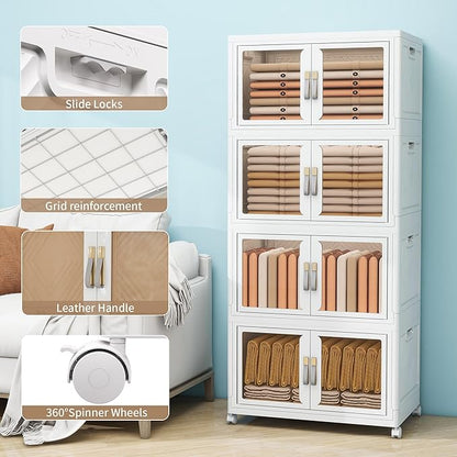 Large Stackable Storage Bins with Lids, 440QT-110QT*4Tier Foldable Cabinet for Closet Organizers, Plastic Storage Containers Box with Wheels