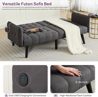 TYBOATLE 65“ Convertible Futon Sofa Bed w/ 2 USB, Upholstered Tufted Small Adjustable Folding Couch Loveseat, Modern Mid Century Sleeper Sofa for Living Room, Bedroom, Apartment, Office (Dark Grey)
