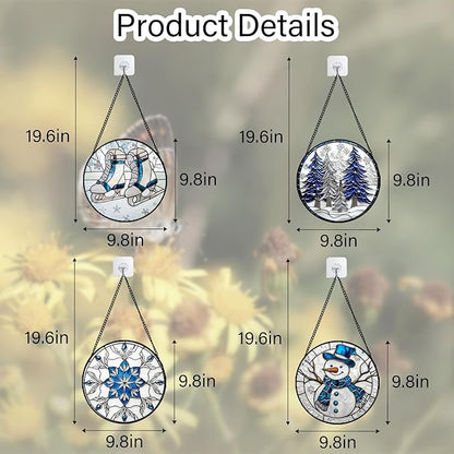 Stained Glass Window Hanging 4 Pcs Set White Winter Christmas Snow Scene 9.8" - Suncatcher Door Garden Sun Catcher Decor Birthday for Mom Woman Nana Men Friend Wife
