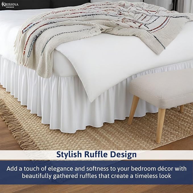 KRISHNA Ruffled Bed Skirt with Split Corners King, 100% Microfiber Hotel Quality, 12 Inch Drop Dust Ruffle Gathered Bedskirt with Platform, 78" x 80", White