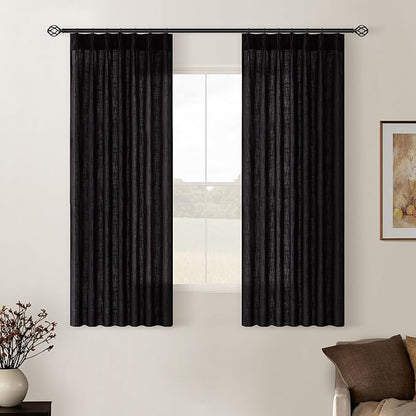 Black Pinch Pleated Linen Cafe Curtains 45 Inch Length 2 Panels for Dining Room Kitchen Bedroom Semi Sheer Pleat Drapes with Hooks Rings Light Filtering Short Window Curtain Cabinet 40x45
