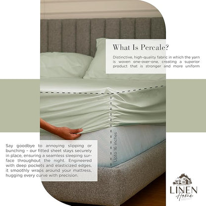 Linen Home 100% Cotton Percale Sheets Full Size, Sage, Deep Pocket, 4 Pieces Set - 1 Flat, 1 Deep Pocket Fitted Sheet and 2 Pillowcases, Crisp Cool and Strong Bed Linen