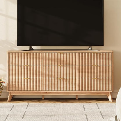 63'' Wide 9 Drawers Dresser for Bedroom,Modern Fluted Vertical Chest with Rounded Corners,Fluted Dresser for Living Room,Hallway, Natural Wood