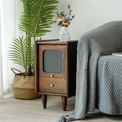 Mid Century Modern Narrow Nightstand with Drawers, Solid Wood Oak Bedside Table, Side Table, 11.81 W x 15.75 D x 21.26 H Inches, Walnut
