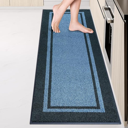 Kitchen Rugs 24" x 84", Non-Slip Machine Washable Kitchen Runner Rugs Floor Mats, Absorbent Comfort Standing Mats for Kitchen, Sink, Laundry and Hallway, Rolled Packaging, Light Blue & Navy