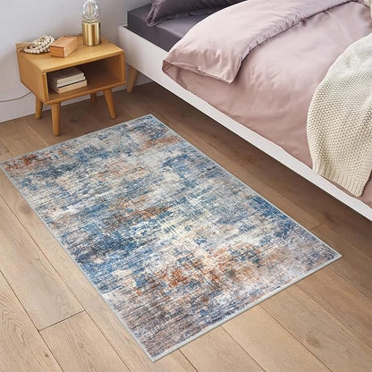 IOHOUZE Small Abstract Area Rug 2x3 Ft Entryway Rugs Washable Door Mat Indoor Entrance, Rubber Backed Throw Rugs, Printed Faux Wool Non Slip Floor Carpet for Foyer Front Door Sink, Blue Rust