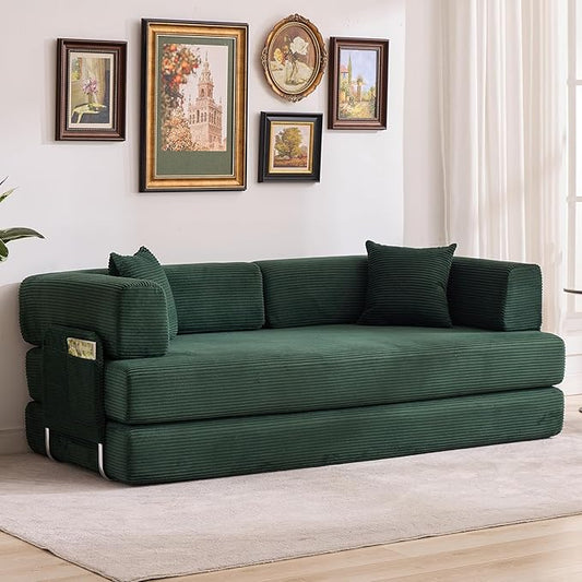Garvee 5-in-1 Convertible Sofa Bed, 78.8" Modular Corduroy Sleeper with Sturdy Frame & No Assembly, Multi-Functional Futon for Small Space, Living Room & Guest Room (Dark Green)