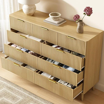 CARPETNAL Fluted 9 Drawer Dresser for Bedroom, 55" Wide Wooden Chest of Drawers with Rounded Corners, Gold Handles, Modern Storage Organizer for Bedroom, Hallway (Oak)
