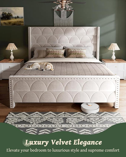 King Size Bed Frame with 56" Headboard - Velvet Upholstered Wingback Platform Bed Frame, Noise Free, Sturdy Wooden Slat Support (Cream, King)