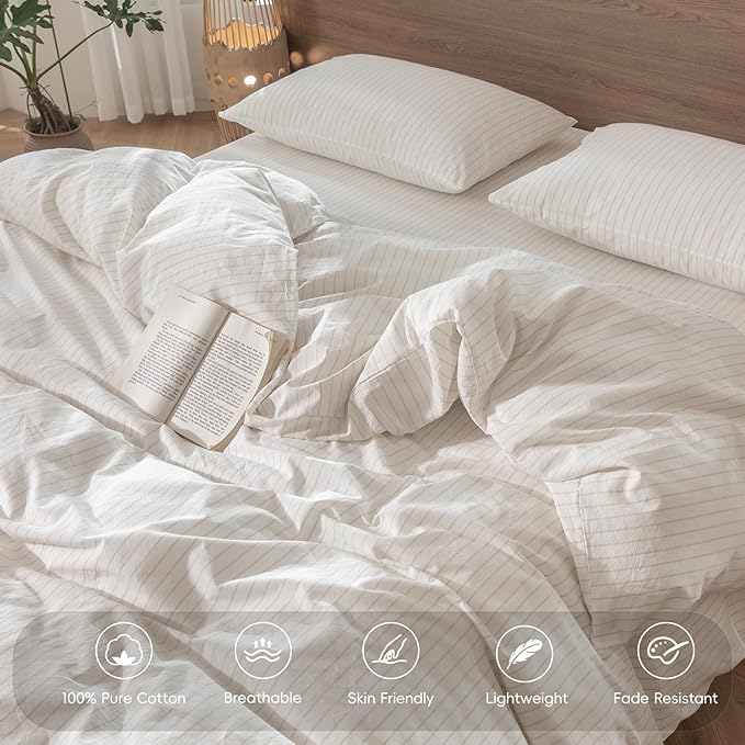 MooMee Striped Duvet Cover Set 100% Washed Cotton Linen Like Textured Breathable Durable Soft Comfy (White Almond Milk Grey Wide Stripes, Full 80"x90")