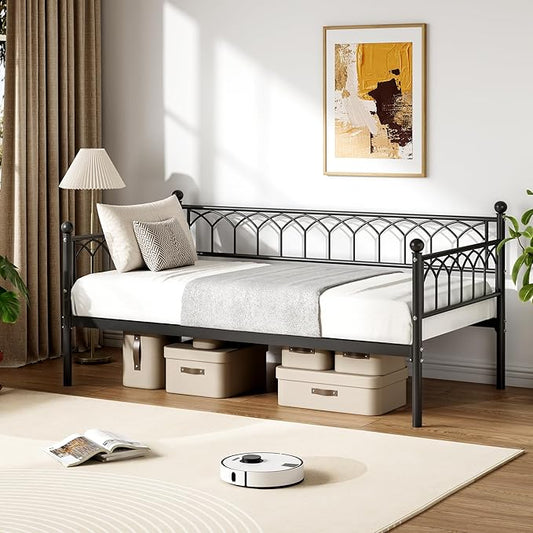 GarveeHome Twin Size Daybed, Sofa Bed Frame with Metal Steel Slat Support, Heavy Duty Metal Bed Frame, Space Saving, Easy Assembly, for Small Spaces, Living Room, Bedroom, Apartment, Black
