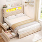 Queen Upholstered LED Bed Frame with 2 Storage Drawers and 2-Tier Storage Headboard,Velvet Princess Platform Bed with Charging Station&Bookcase,Heavy Duty Metal Support,No Box Spring Needed,Beige