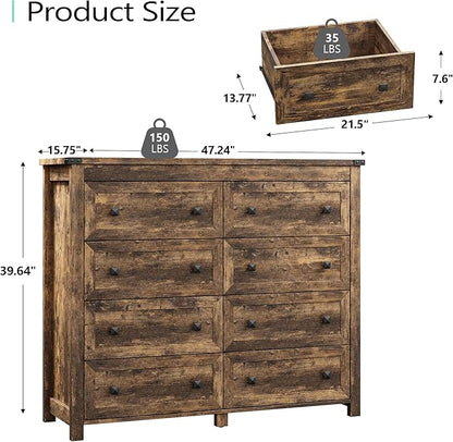Dresser for Bedroom with 8 Drawers, Farmhouse Wood Chest of Drawers, Wide TV Stand Closet Storage Furniture with Metal Handle, Modern Clothes Organizer for Hallway, Living Room, Entryway, Brown