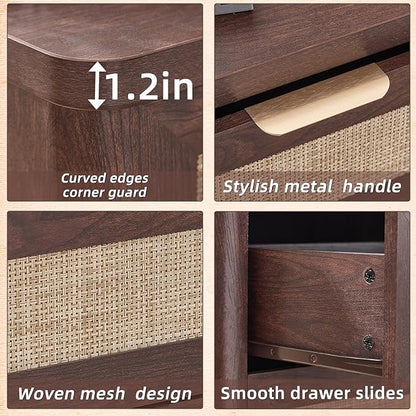LEYAOYAO Rattan Nightstand with Charging Station, Walnut Night Stand with Drawer, 23" Wide Boho Bedside Table with Storage Shelf, Bed Side End Tables for Bedroom, Living Room, Hallway