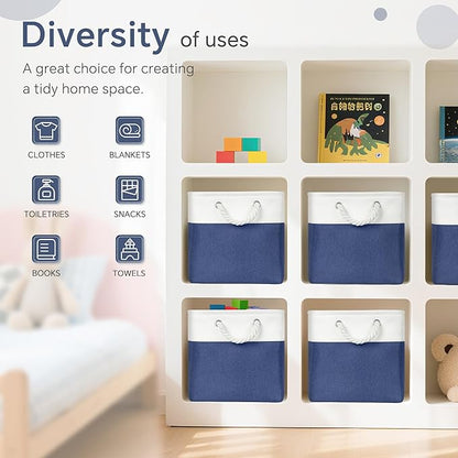Cube Storage Baskets, 6 Pack 11x11 inch with Cotton Handles for Closet, Shelves, Clothes, Towel (White/Navy Blue)