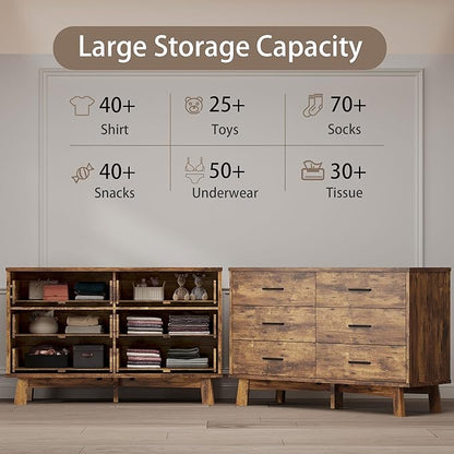 Dresser for Bedroom, 6 Drawer Wide Modern Chest of Drawers with X-Shaped Sturdy Base, Wood Double Dresser Closet Clothes Storage Organizer, Wooden TV Stand for Living Room, Hallway, Brown