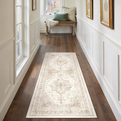 Runner Rug 2x5 Cream Hallway Washable Beige Carpet Non Slip Vintage Medallion Beige Carpet Low Pile Soft Distressed Retro Indoor Long Rug for Entryway Kitchen Bathroom Laundry Bedroom