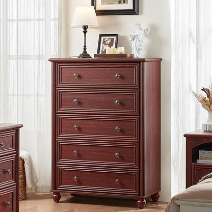Farmhouse 5 Drawers Dresser for Bedroom, Wood 45" Tall Dressers Chest of Drawers, Kids Dresser Rustic Storage Dressers Organizer with Metal Handle Closet for Living Room, Hallway, Red Oak