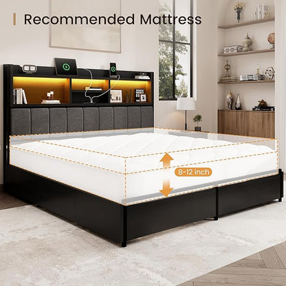 Queen Bed Frame with 6 Storage Drawers, Linen Upholstered Headboard, Built-in USB Charging Station & LED Lighting, Silent Metal Support, No Box Spring Needed, Vintage Black