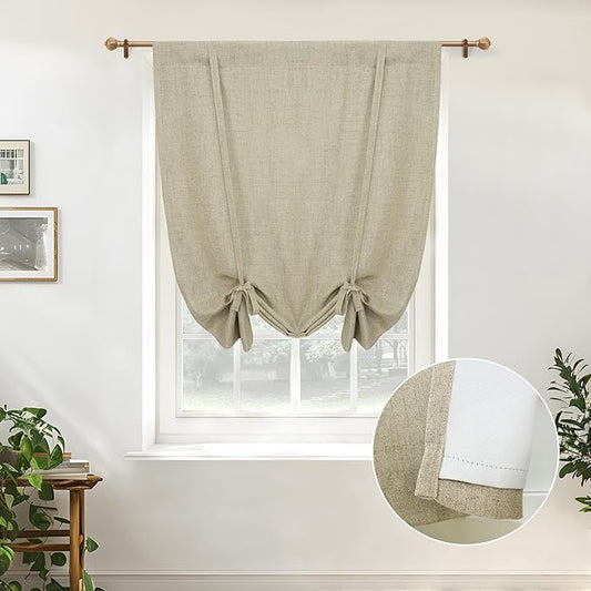 DriftAway Double Layer Linen Blackout Tie Up Curtains Thermal Insulated Fully Lined Balloon Roman Shade Bathroom Window Adjustable Rod Pocket for Small Window 25 Inch by 47 Inch Light Khaki Linen