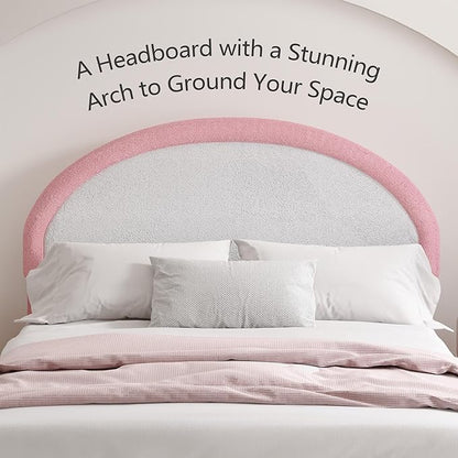 Full Size Bed Frame, Boucle Upholstered Platform Bed Frame with Headboard, White Bed Frame, Soft Rounded Corners, No Box Spring Required, Easy Assembly, Pink&White