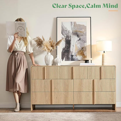 AMERLIFE 63" Fluted 7 Drawer Dresser, Wide Modern Chest of Storage Drawers with Pine Handles, Rounded Corners & Anti-Tip Design, Wood Closet Organizer for Bedroom, Living Room, Natural Oak