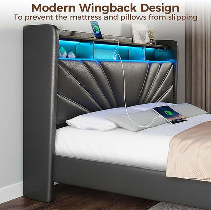 Rolanstar Queen Size Bed Frame, Storage Headboard with Charging Station and LED Lights, Upholstered Bed with Heavy Duty Wood Slats, No Box Spring Needed, Noise Free, Easy Assembly, Black