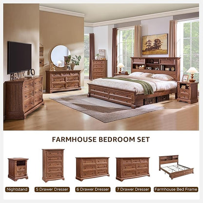 Farmhouse Queen Size Bed Frame with 54" Tall Storage Bookcase Headboard, Wood Platform Bed Frame with 18" Tall Roman Column Decoration Footboard & 2 Drawers, No Box Spring Needed(Reclaimed Barnwood)