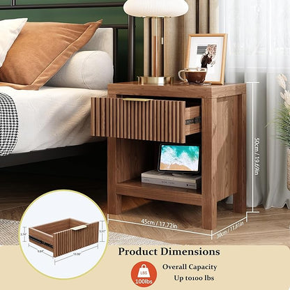 Nightstand Set of 2, End Table with 2 Drawers, Modern Bed Side Table with Storage, Farmhouse Fluted Cabinet Bedside Cabinet for Bedroom Living Room Sofa Couch Office (Walnut-2)