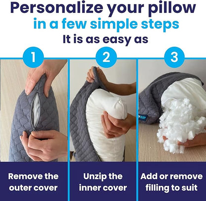 Sidney Sleep Pillow for Side and Back Sleepers - Comfort for Neck and Shoulder Pain - Adjustable and Customizable Shredded Memory Foam Filling - King Size - Additional Foam Fill Included (Grey)