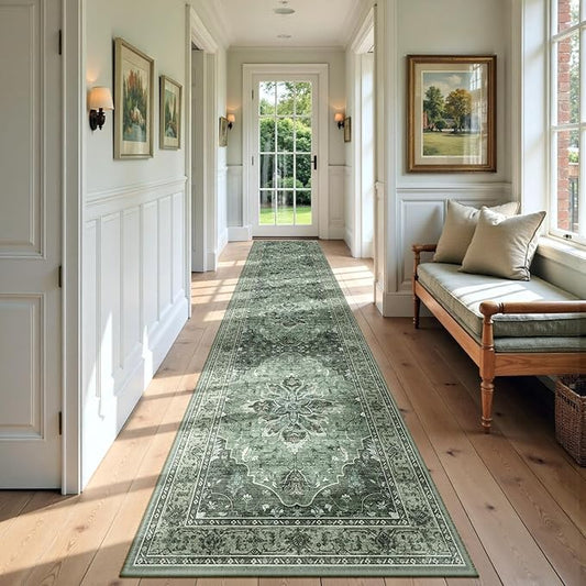 Area Rugs 3'x12' Washable Non-Slip, Floral Vintage Distress Print Pattern Medallion Carpet for Living Room Bedroom Dining Room, Dark Green Gray