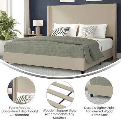 EMMA + OLIVER Nora King Size Faux Linen Upholstered Platform Bed with Plush Padded Wingback Headboard (No Box Spring Needed), Modern Upholstered Headboard King Bed Frame, Beige