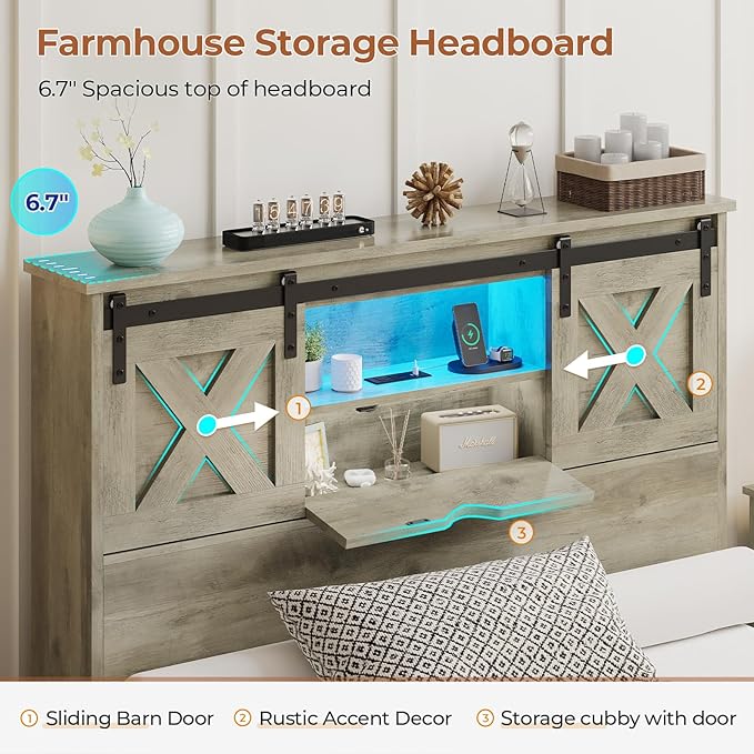 Hasuit Farmhouse Bed Frame Twin XL Size with 2 Storage Drawers, Wooden Platform Twin XL Bed with LED Lights and Charging Station, Rustic Headboard with Sliding Barn Door Storage Cabinets (Rustic Oak)