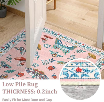 Mushroom Insect Washable Rug 5x7 Area Rugs for Bedroom Non Slip with Rubber Back Low Pile Stain Resistant Butterfly Carpet for Living Room Nursery Kitchen Dining Room Khaki Pink