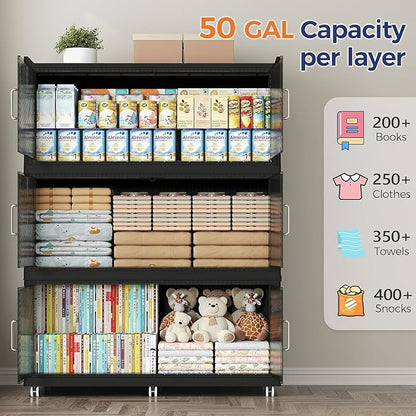 150GAL Extra Large Storage Bins with Lid, 600QT Collapsible Organizer with Wheels, Stackable Closet Cabinet with Doors, Folding Storage Containers for Home, Office, Kitchen, 3Pack Black