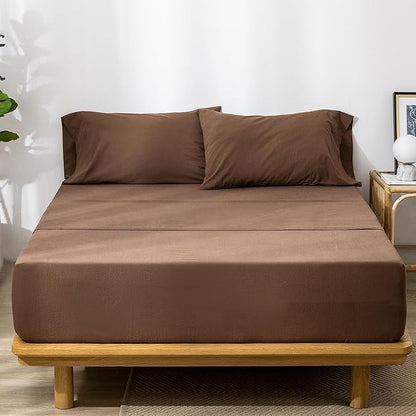 MooMee Fitted Bottom Sheet Only 100% Washed Cotton Linen Like Textured Breathable Durable Soft Comfy Deep Pocket Fits Mattress up to 17" (Cocoa Brown, Twin)