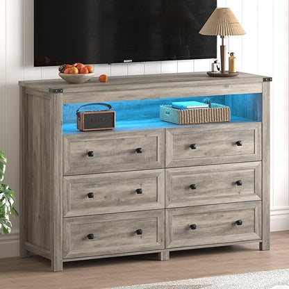 Dresser for Bedroom with 6 Drawers, Wide Chest of Drawers with LED Light and Power Outlet, Wooden Closet Organizer Clothes Storage Cabinet, Modern Double Dressers for Living Room, Hallway, Grey