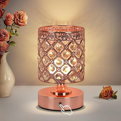 TOBUSA Crystal Cordless Table Lamp Rechargeable, Portable 6000mAh Battery Operated Lamp with 3 Color Temps & Stepless Dimming, Bedside Touch Small Desk Lamp, Rose Gold LED Night Light for Bedroom Bar