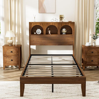 Twin Bed Frame with Wave Headboard, Wooden Headboard with 3 Arched Storage Compartments, Platform Bed with Wood and Metal Slats, No Box Spring Needed, No Noise (Twin-Walnut)