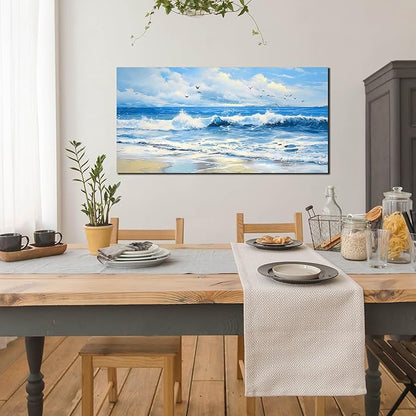 ENTANUB Ocean Wall Art for Bedroom, Sea Wave Wall-Decor for Living Room, Blue Picture Print, Size 48x24 Inches
