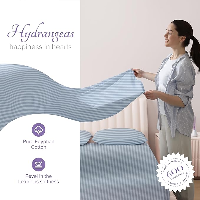 Carressa Linen Luxury Egyptian Cotton King Stripe Sheet Set, 600 Thread Count Extra Long Staple 4 PC Set, King Damask Sheet, Soft, Cooling Sateen Weave Striped Sheets Upto 18" Deep Pocket - Light Blue