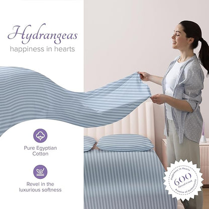 Carressa Linen Luxury Egyptian Cotton Twin Stripe Sheet Set - 600 Thread Count Extra Long Staple 3 PC Set, Light Blue Twin Damask Sheets, Soft, Cooling Sateen Weave Sheets Upto 18 in Deep Pocket