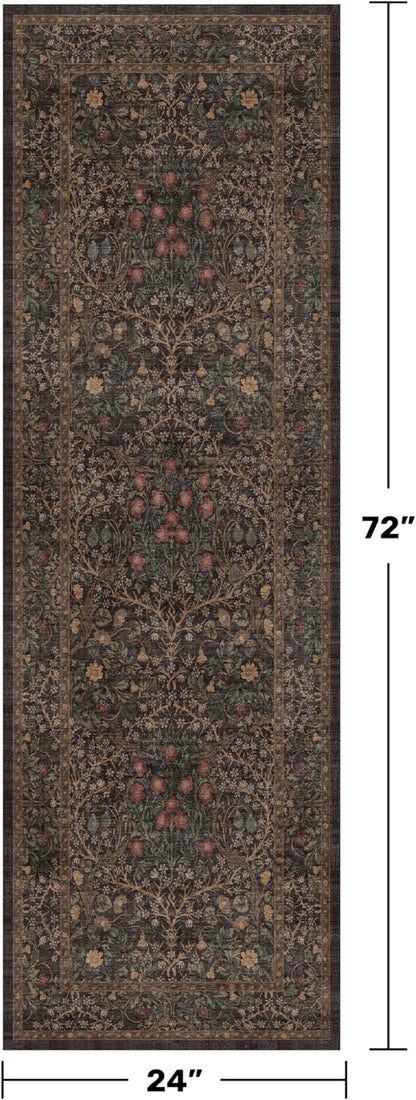 Brown Boho Washable 2x6 Runner Rugs for Hallway, Kitchen,Bedroom Beside, Laundry Room, Bathroom Rug, Pet & Kids Friendly, Non Slip Low Pile Stain Resistant Soft Long Floral 24 x 72 Floor Carpet